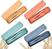 Travel Utensils with Case, 4 Sets Reusable Utensils for Lunch Box, Portable Cutlery Set, Wheat Straw Cutlery for Kids Adults, Picnic Camping or Daily Use (4 Colors) (Style 2)