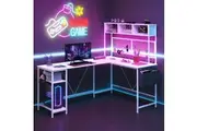 Advwin L Shaped Gaming Desk with LED Lights & Power Outlets Reversible Computer Desk with Storage Shelf Corner Desk White