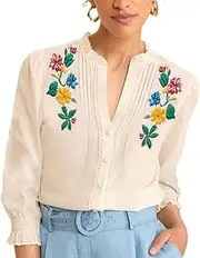 [Melliflo] Embroidered Tops for Women 3/4 Sleeve Peasant Blouse V Neck Button Down Shirts Dressy Casual