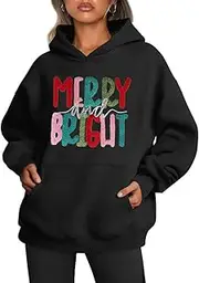 [Earlymemb] Women's Merry Christmas Oversized Hoodies Fleece Sweatshirts Funny Chenille Patch Xmas Holiday Pullover with Pocket