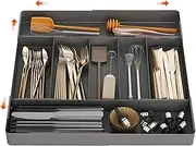 Cutlery Drawer Organiser, Kitchen Drawer Organiser, 4-Sided Telescopic Expandable Cutlery Organiser For Silverware,Cutlery, Accessories Or Gadgets,Black