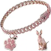 Hillban Cat Collar Diamond Chain Glitter Collar Walking Metal with Secure Buckle Cat Pet Necklace with Paw Charm and ID Tag Bell Link Cuban Jewelry Accessories(8 Inch,Rose Gold, Pink)