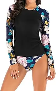 [NESY] Women's Rash Guard Shirt with Thong Swim Short Long Sleeve Swimsuits Two Piece UPF 50+ Built in Bra Bathing Suit