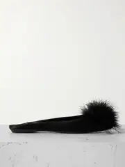 [SAINT LAURENT] SAINT LAURENT - Lido Feather-trimmed Satin Slippers - Black - EU 42 EU 42 Black