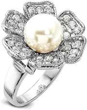 [JewelryWeb] 925 Sterling Silver Polished Simulated Pearl and Cubic Zirconia Ring Band Style-Ring for Women
