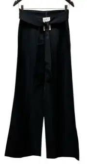 Elevenses Anthropologie Wide Leg Flare Belt Satin Tuxedo Black Pants Size 4 NEW