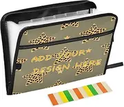 Custom File Pocket Folder 13 Pockets A4 Letter Size Personalizable File Jackets with Zipper Closure for Office Supplies Cartoon Leopard Print Star Grey expando