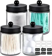 Amolliar 4 Pack Apothecary Jars Bathroom Vanity Storage Organizer Set -Countertop Canister with Stainless Steel Lids &Cute Stickers - Qtip Dispenser Holder for Qtips,Cotton Swabs,Makeup Sponges(Black)