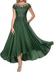 [Generic] Women's Tea Length Mother of The Bride Dresses for Wedding 2025 Cap Sleeves Lace Chiffon Formal Gown with Pockets
