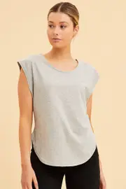 Grey Relaxed T-Shirt Drop Shoulder Curved Hem Crew Neck - Size S, Women's Basic