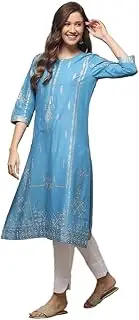 [BIBA] Ink Blue Cotton Straight Printed Kurta, Blue, Medium