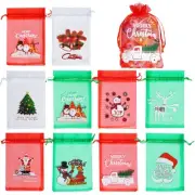 100PCS Christmas Organza Bags - Santa Christmas Tree Print Satin Drawstring C...