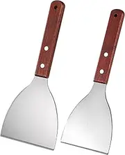 Mallez 2-Piece Griddle Scraper, Stainless Steel Slant Edge Grill Scrapers with Wooden Handle for Food Service, Home Cooking, BBQ & Kitchen Cleaning – Ideal for Indoor & Outdoor Use, Dishwasher Safe