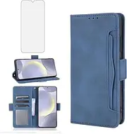 Compatible with Samsung Galaxy S24 FE 5G Wallet Case and Tempered Glass Screen Protector Card Holder Stand Magnetic Leather Flip Cell Accessories Phone Cover for S 24 EF S24FE 24S Women Men Blue