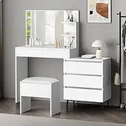 ALFORDSON Dressing Table and Makeup Stool Set White Colour, Vanity Desk with Mirror, Drawers and Chest Cabinet, Dresser Organiser for Women Bedroom Dress Room