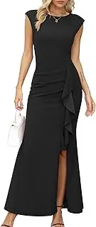 [Missufe] Women's Cap Sleeve Round Neck Ruffle Split Bodycon Mermaid Hem Evening Cocktail Long Dress