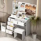 White Dressing Table Stool Set Makeup Mirror Storage Drawer 10 LED Bulbs