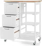 PETSITE Kitchen Island Cart with Storage on Wheels, Small Rolling Island Table with Drawers & Shelves for Home Kitchen, White
