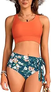 [SHEKINI] Women's High Waisted Bikini Sets 2 Piece Modest Swimsuits Tummy Control Bathing Suit with Tie Side Knot, Orange + Floral Prints, S