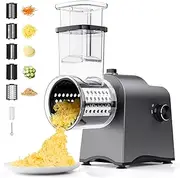 5-in-1 Electric Cheese Grater, Salad Maker with 5 Replaceable Stainless Blades, 250W Automatic Cheese Shredder, Rotary Switch Kitchen Vegetable Chopper, Electric Slicer for Cheese, Food, Fruits, Nuts