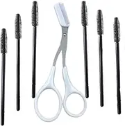 Eyebrow Grooming Kit with Eyebrow Scissors & 6 Brow Brushes - Stainless Steel Eyebrow Trimmer Scissors，13cm Pearl White Design & 10.5cm Matte Black Silicone Brushes for Precision Trimming
