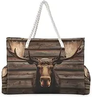 [YXYZRMY] Moose Wood Head Beach Bag for Women Large Beach Tote Bag Zipper for Swim Gym Travel Daily