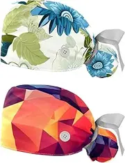 [YTYVAGT] 2-Pc,Nurse Scrub Caps,Scrub Hats with Buttons and Cotton Sweatband,Abstract Art Flower