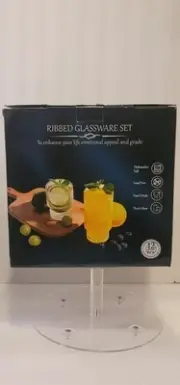 Ribbed Glassware Set of 12 Glasses; 12 oz and 7 oz Fluted Glassware NIB