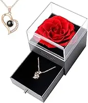 Ninonly Preserved Real Rose with I Love You Necklace in 100 Languages Gift Set, Eternal Red Flowers Rose Gifts for Mom Wife, Women Gifts for Valentines Mother's Day Anniversary