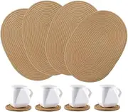 Set of 4 Oval Jute Woven Placemats and Set of 4 Round Fabric Coasters, Heat-Resistant Non-Slip Table Mats for Dining Kitchen Table (Brown)