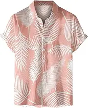 [Generic] Men's Casual and Fashionable 3D Printed Leaf Loose and Trendy Short Sleeved Lapel Shirt Mens Fitted Long Sleeve T