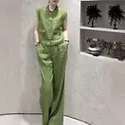 Womens Linen Set Summer Vest Casual Gilet Wide-leg Pants Two-piece Set Office