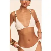 White Textured Bead Trim Triangle Bikini Top, White