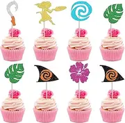 SYKYCTCY 30 Pack Moana Cupcake Toppers Glitter Palm Monstera Leaf Flower Cupcake Picks for Tropical Hawaiian LuauTheme Baby Shower Kids Birthday Party Cake Decorations Supplies (#2)