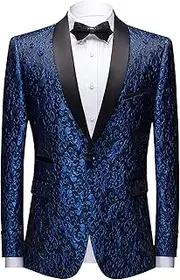 [JEShifangjiusu] Men's Jacquard One Button Suit Blazer Stylish Shawl Lapel Tuxedo Jacket for Dinner,Prom,Wedding, Blue, M