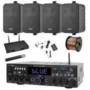 Pyle Bluetooth Home Stereo Receiver, Wireless Mic Set, 4x 4'' 30W Speakers, Wire