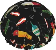 Fishing Lure Print Shower Cap For Women Men Reusable Lightweight Soft Bath Hair Cap With Elastic Band