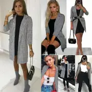 Womens Ladies Checkered Check Hound Tooth Tartan Duster Coat Jacket Blazer Top