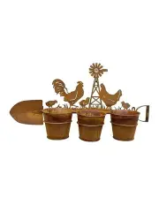 [Willow & Silk] 3 Pot Wall Planter On Shovel With Chooks in Rust