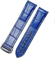 [BANDKIT] Curved End genuine leather Silicone watchband For Omega Seamaster 007 wrist Waterproof strap bracelet with folding buckle blue