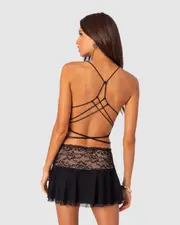 EDIKTED Womens Mesh & Lace Strappy Back Tank Top BLACK