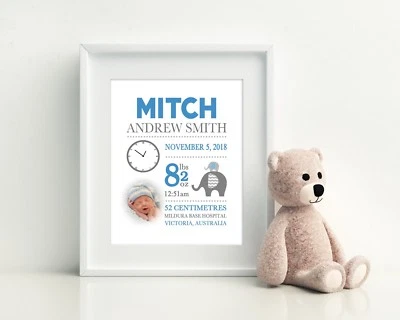 Baby Wall Art, Birth Detail Print, Baby Announcement, Nursery - Elephant Boy