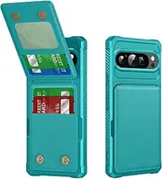 [Dteck] for Google Pixel 7 Pro Case (6.7") 2022, PU Leather/Plastic Phone Case with Magnetic Button Closure Card Holder Slots, Wallet/Kickstand Function, Lightweight Protective Solid Cover, Green Blue