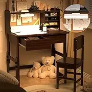 NKUGCFC Ergonomic Height Adjustable Childrens Study Desk with 2 Drawers, Kids Study Kids Art Table with Storage,with 3-Color Lights, Espresso Kids Desk and Chair Set for 5-18 Year Old-DD40