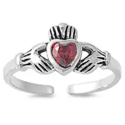 Heart Solitaire Claddagh Simulated Red .925 Sterling Silver Toe Ring
