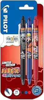 Pilot x NARUTO - 3 FriXion Ball Clicker Pens, Black, Blue, Red - Erasable Pens - Limited Edition Naruto Shipudden - Retractable Rollerball Pens - Medium Point