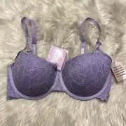Savage X Fenty 34DDD Bra Purple Lace Lined Underwire Back Closure NEW