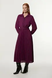 Georgette Pleated Woven Belted Midi Dress