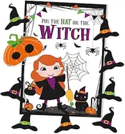 Eurowrap Pin the Hat on the Witch Halloween Party Game - Includes 1 Cardboard Mask, Poster, 12 Hats and Adhesive Dots - Perfect for Halloween Parties, Novelty Game, Trick of Treat, Fun, Scary