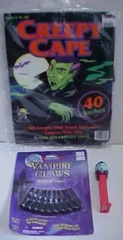Vintage Halloween Costume Black Creepy Cape Vampire Claws NEW + Pez